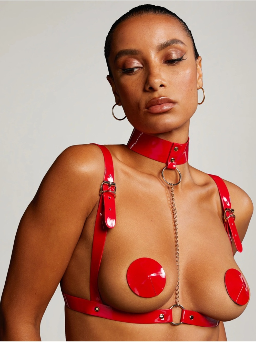 Red Patent Leather Harness with Choker (attached) | L/XL | NWOT (No Pasties)